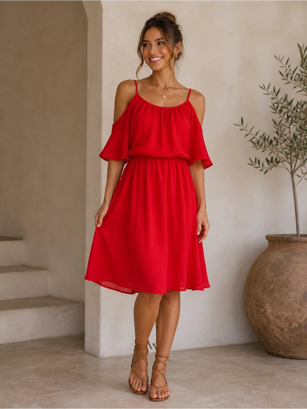 Emma & Michele Vibrant Red Cold-Shoulder Dress